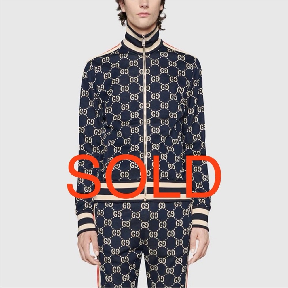 Gucci GG Jacquard Monogram Track Jacket & Jogger Pants Set - Navy/Red - Size M